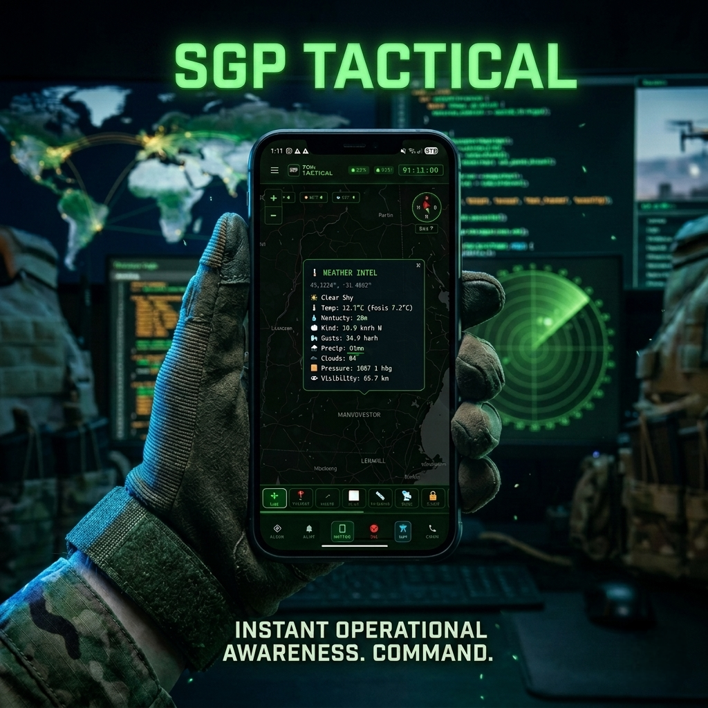 SGP Tactical Android app showing offline maps and private team chat